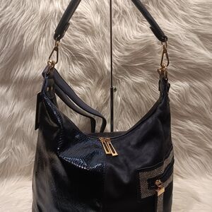 Elegant Navy Blue Multiple Textured hobo Bag